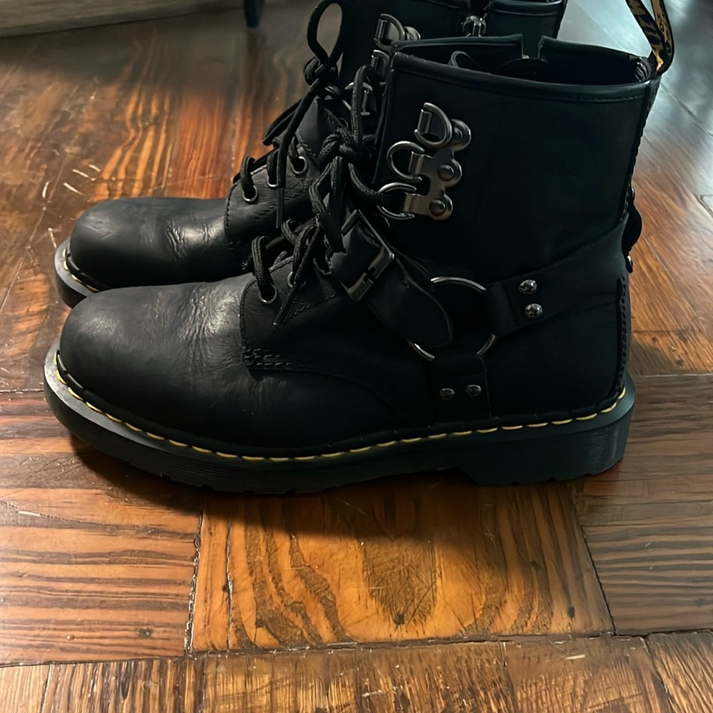 Black Leather Doc Marten Combat Boots with Harness Rings - Picture 4 of 9